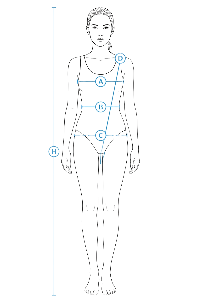 Measurement diagram showing A chest, B waist, D body loop
